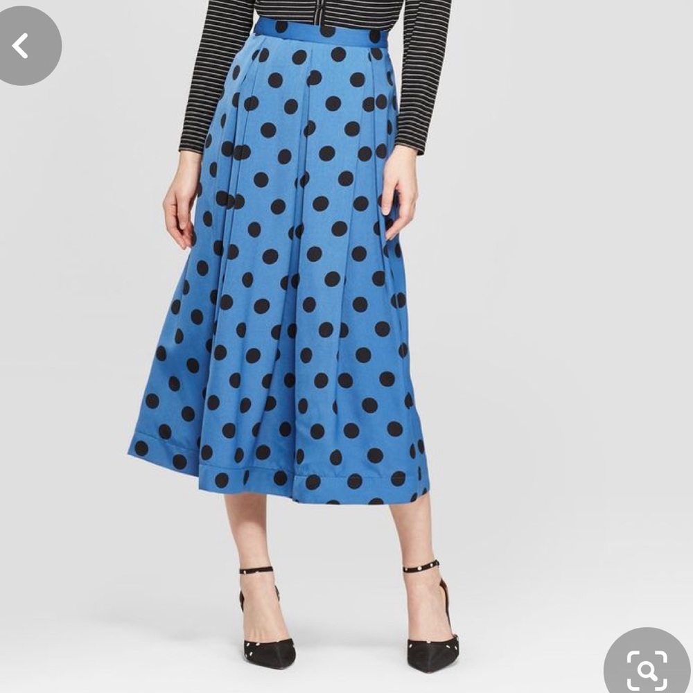 Who What Wear Blue Satin Midi Skirt with Black Polka Dots
